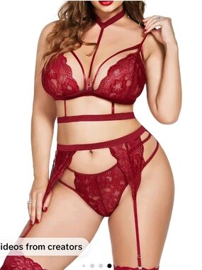 Strappy Lace Bralette & Garter Set - Burgundy